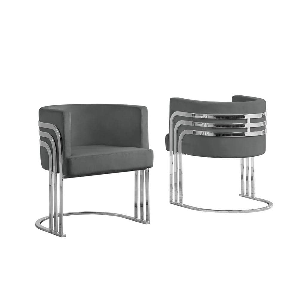 Sleek Barrel Velvet Arm Chair in Gray with Metal Accents