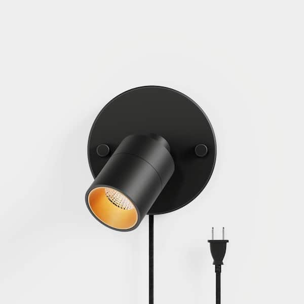 Shura Matte Black Plug-In Spot Light with Dimmer Switch, Integrated LED Bulb, Flush Mount Wall Sconce, 3000K 455 Lumen