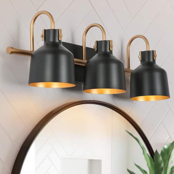 Uolfin Modern Bathroom Vanity Light, 22.5 in. 3-Light Farmhouse Black and Gold Bell Cylinder Wall Sconce Light