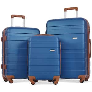Navy and Brown Lightweight Durable 3-Piece Expandable ABS Hardshell Spinner Luggage Set with TSA Lock