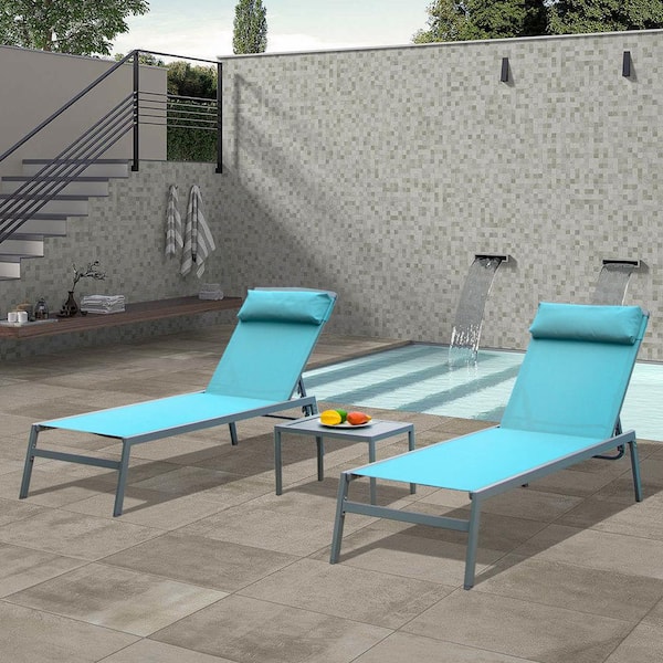 BOPOREA MEGO LLC 3-Piece Aluminum Patio Conversation Set, Chaise Lounge Set Adjustable Lounge Chairs with Fabric