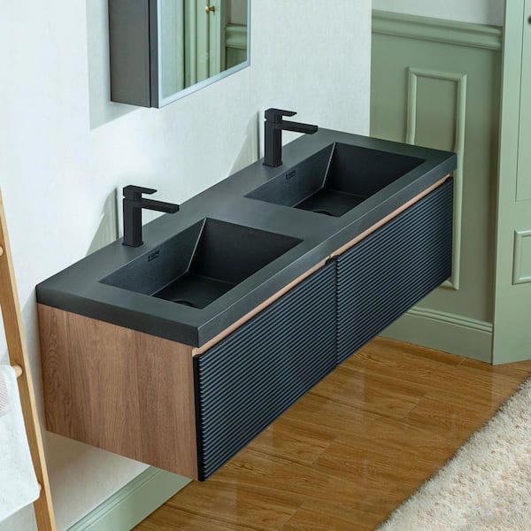 TN 59 in. W x 19.63 in. D Double Sink Floating Bath Vanity in Mature Oak with Matte Black Quartz Top