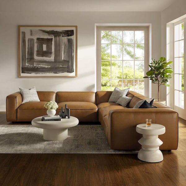 Auren 129.5 in. Square Arm 5-Piece Upholstered Vegan Leather L-Shaped Sectional Sofa in Camel Brown