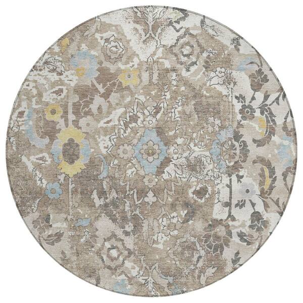 Chantille Machine Washable Indoor/Outdoor Abstract ACN2791 Ivory 8 ft. x 8 ft. Round Rug