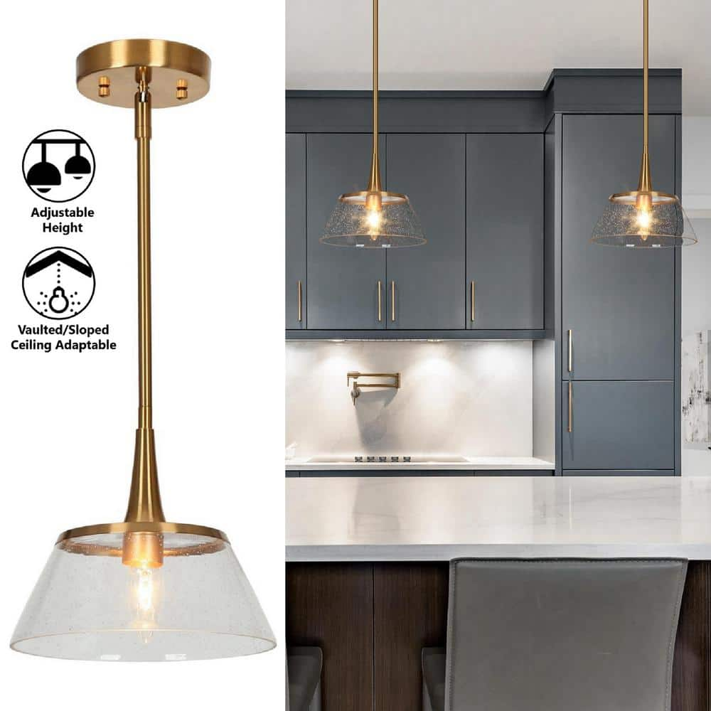 LNC Menae 1-Light Plated Brass Modern Drum Pendant Light with Clear Seedy Glass Shade Living Room Chandelier Lighting