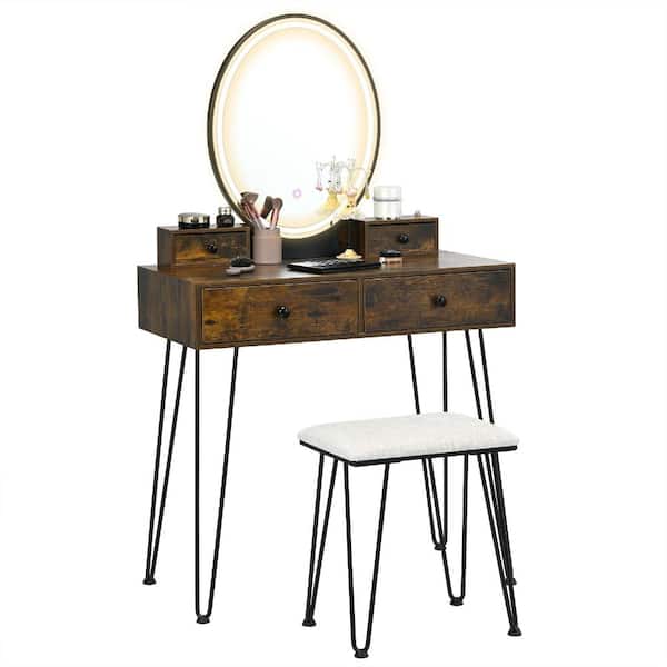 Vanity Desk with Lighted Mirror Wireless Charging Makeup Dressing Table 4 Drawers USB Type-C Bedroom