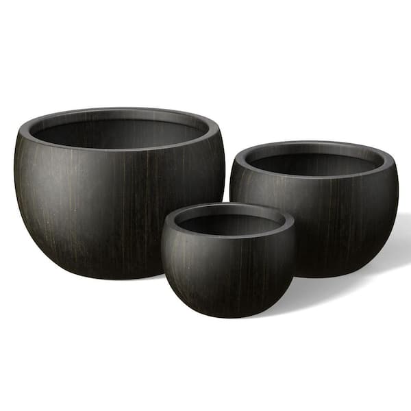 Morrava 11.5 in., 15 in., 19 in. Bronzed Black(Enhanced Core) Concrete Round Planter / Pot with Drainage Holes (Set of 3)