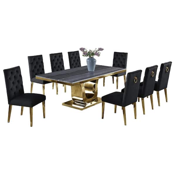 Best Quality Furniture Rogelio 9-Piece Gray Marble Top with Gold Stainless Steel Base with 8-Black Velvet Chair with Gold Legs