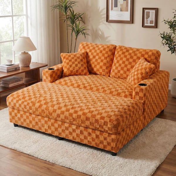 Paisley Diamond Pattern Orange Fabric 2-Seat Arm Chair with Ottoman, Chaise Lounge with USB Port, Cup Holder