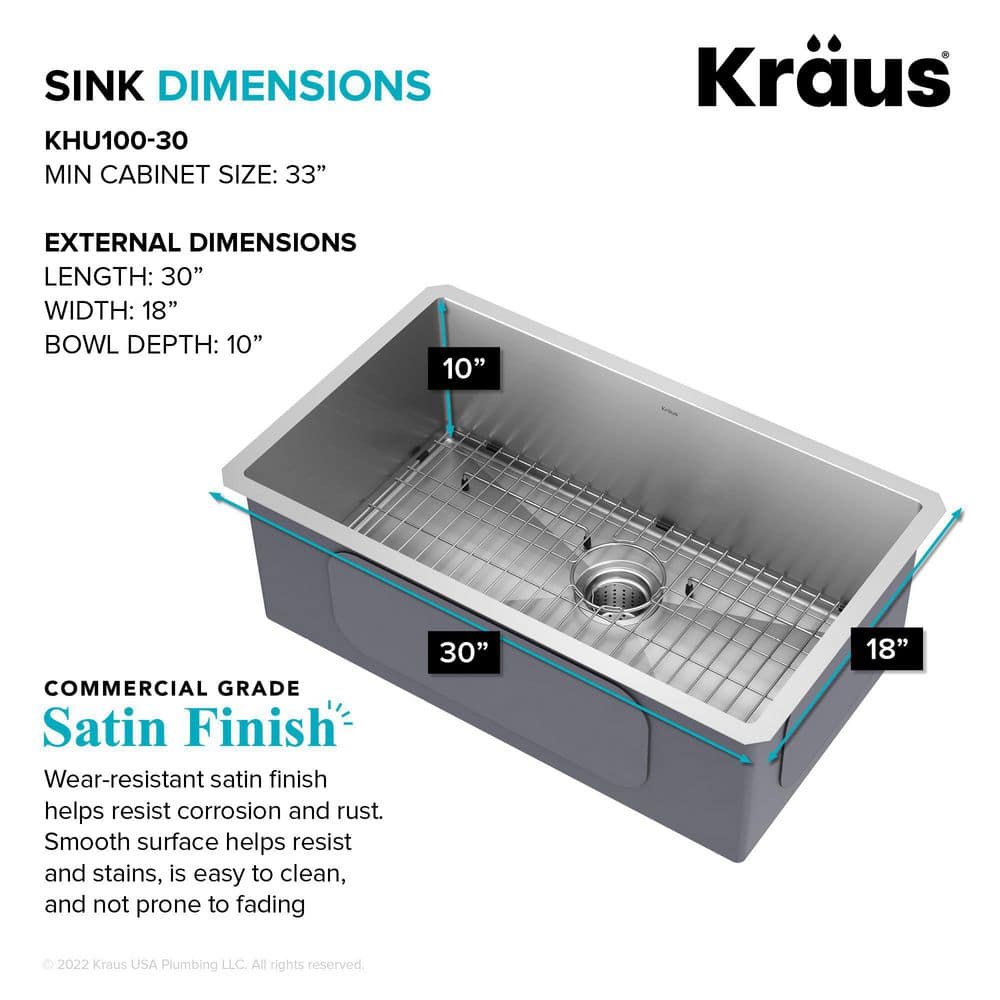 30-Inch Satin Stainless Steel Undermount Single Bowl Kitchen Sink