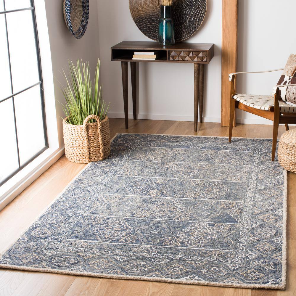 Handmade Blue Floral Tufted Wool 8' x 10' Area Rug