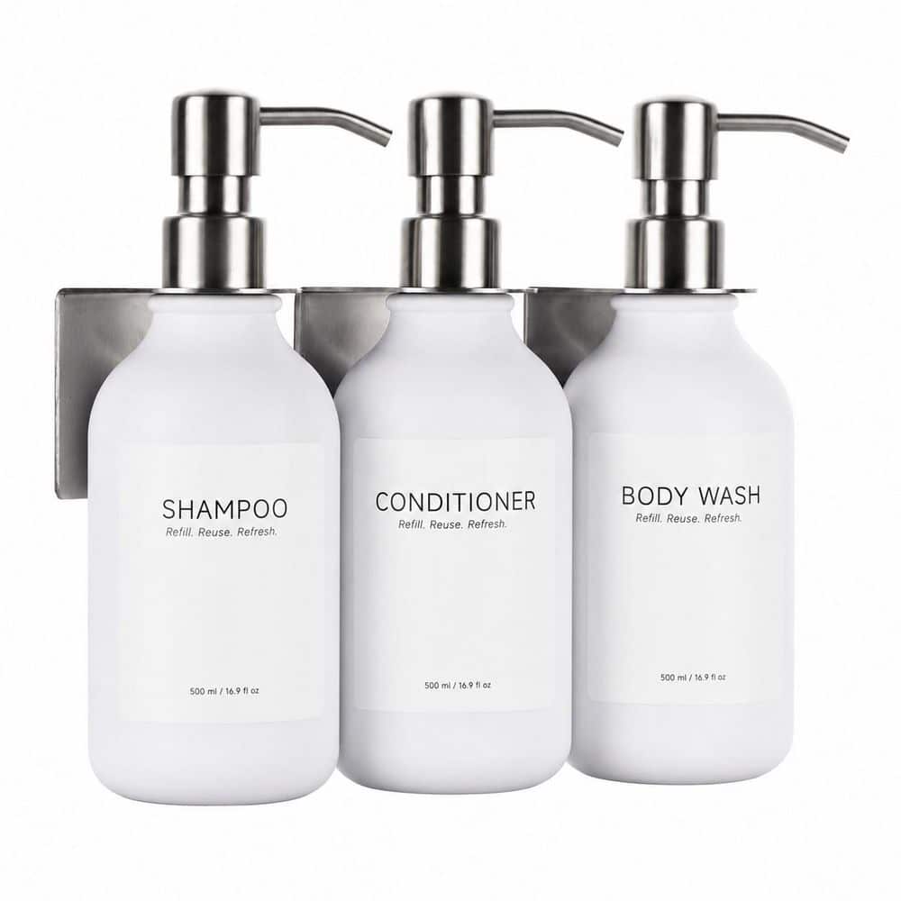 Wall Mount 3-Chamber Shower Soap Dispenser with White PET Bottles and Stainless Steel Pumps, 1500 mL price history on PriceWatchPro