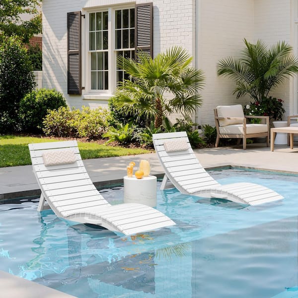 White Collapsible 2-Piece HDPS Plastic Outdoor Chaise Lounge with Headrest Cushions for Pool Loungers Up to 11 in. Deep