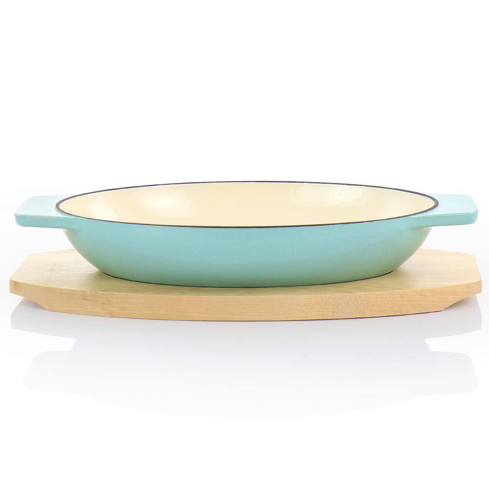 Oval Blue Cast Iron Casserole with Birch Wood Trivet