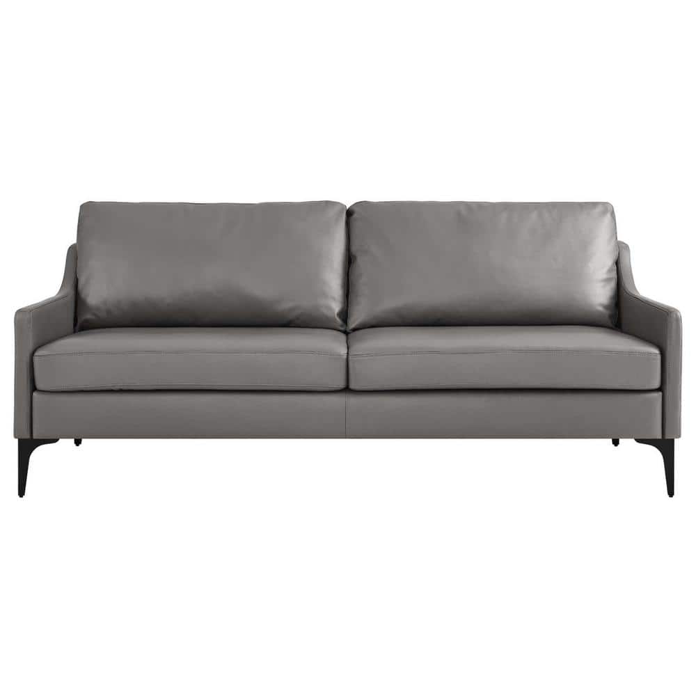 Mid-Century Modern Gray Leather Sofa with Removable Cushions