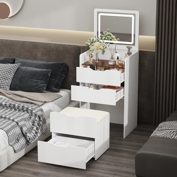 3-Drawer White Wood Makeup Vanity Set Dresser Table with Flip-Top Mirror, See-Through Glass Top, Lights, Stool