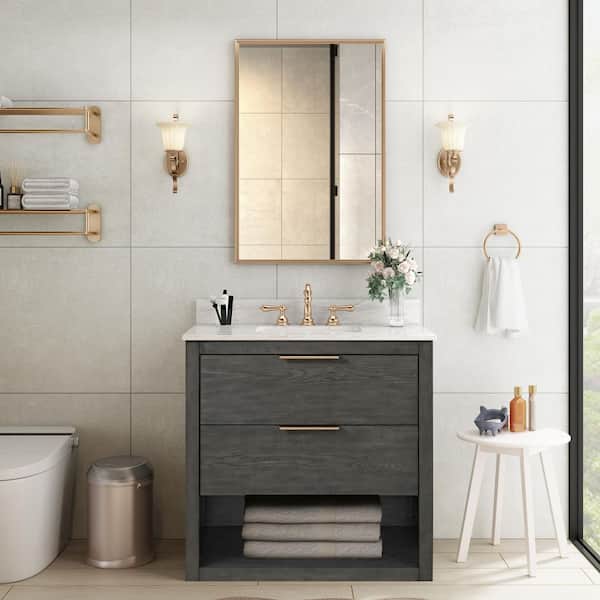 Kortine 36 in. Single Sink Black Oak Bath Vanity with White Natural Carrara Top (Assembled)