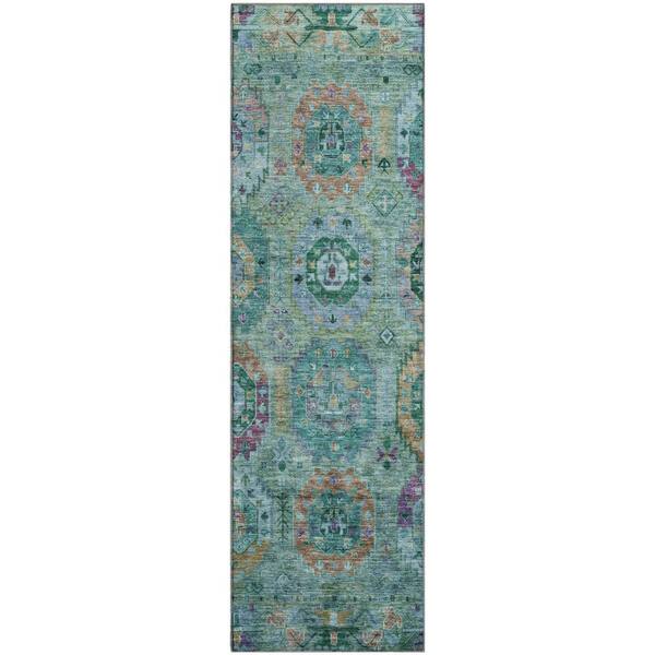 Mayfield Premium Machine Washable Abstract AMF2228 Teal 2 ft. x 7 ft. Runner Rug