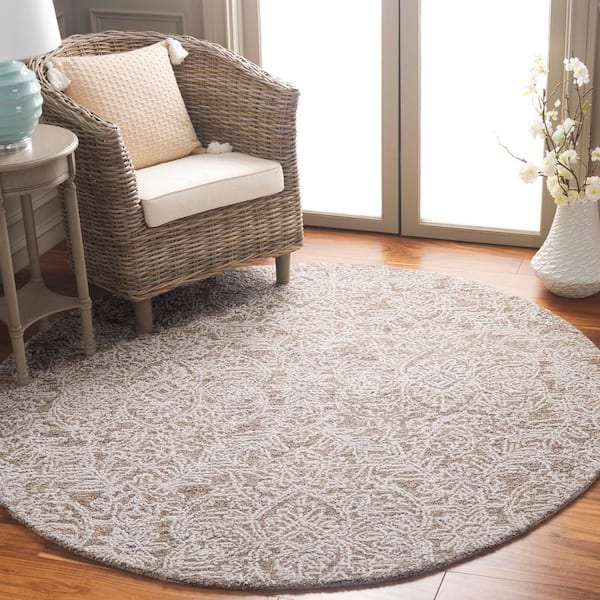 Ebony 6 ft. x 6 ft. Brown/Ivory Floral Ornate Round Area Rug