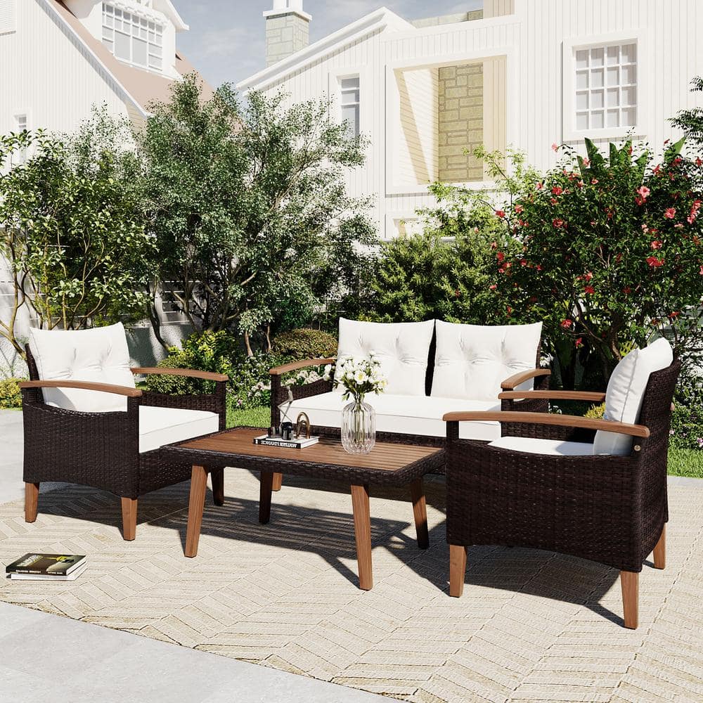 4-Piece Wicker Patio Conversation Set, Outdoor Garden PE Rattan Sofa Set wi