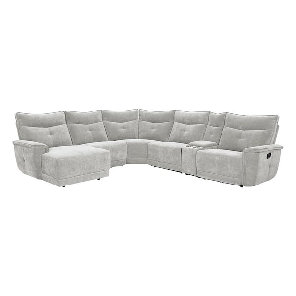 Unbranded Marta 132 in. Straight Arm 6-piece Textured Fabric Modular Reclining Sectional Sofa in Mist Gray with Left Chaise