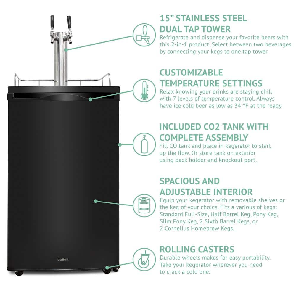 Black Stainless Steel Dual Tap Freestanding Kegerator with Adjustable Temperature