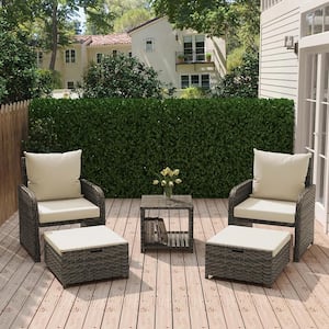 5-Piece Outdoor Brown Rattan Wicker Patio Conversation Sofa Ottoman and Table Set with Beige Cushions