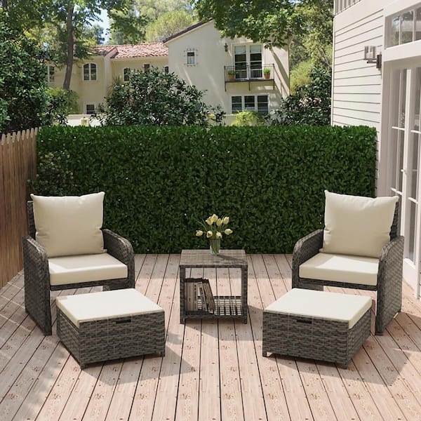 Uixe 5-Piece Outdoor Brown Rattan Wicker Patio Conversation Sofa Ottoman and Table Set with Beige Cushions