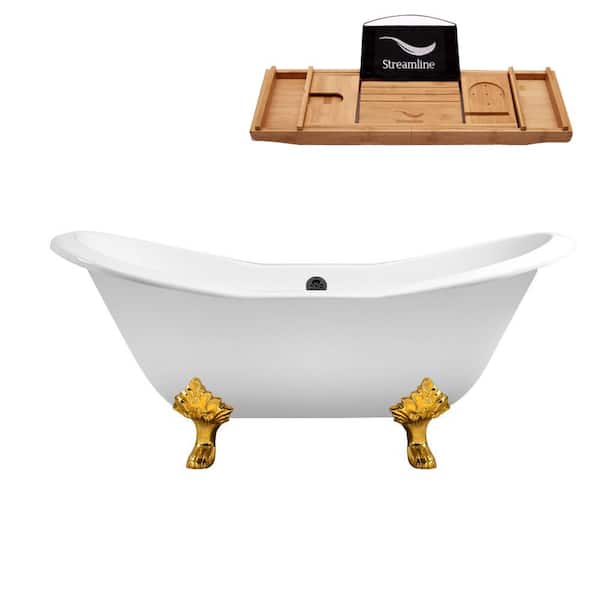 Streamline 72 in. Cast Iron Clawfoot Non-Whirlpool Bathtub in Glossy White with Matte Black Drain and Polished Gold Clawfeet