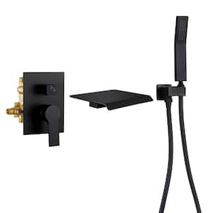 Single-Handle Wall-Mount Roman Tub Faucet with Hand Shower Brass Waterfall Tub Filler in Matte Black