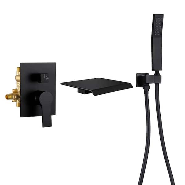 FLG Single-Handle Wall-Mount Roman Tub Faucet with Hand Shower Brass Waterfall Tub Filler in Matte Black