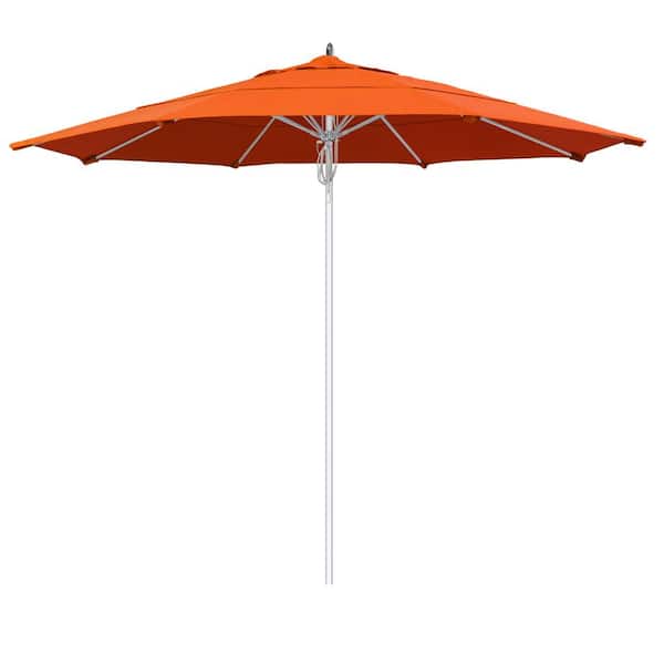 California Umbrella 11 ft. Silver Aluminum Commercial Market Patio Umbrella Fiberglass Ribs and Pulley Lift in Melon Sunbrella