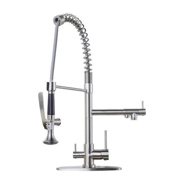 IVIGA 22.3 in. Double Handle Brass Pre-Rinse Spring Pull Down Sprayer Kitchen Faucet with 360° Swivel Spout in Brushed Nickel