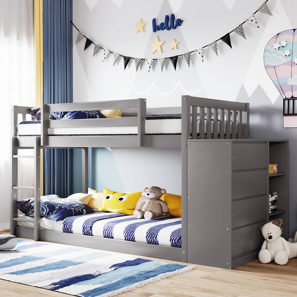 Harper & Bright Designs Gray Twin over Twin Wood Frame Bunk Bed with