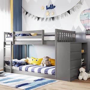 Gray Twin over Twin Wood Frame Bunk Bed with Cabinet Including 4 Drawers and 3 Shelves, Built-in Ladder