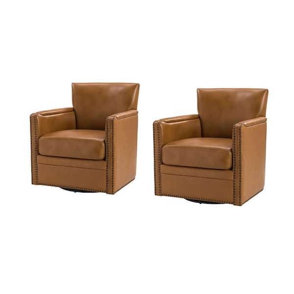 JAYDEN CREATION Amparo 29 in. Camel Genuine Leather Swivel Arm Chair with Nailhead Trim Arm (Set of 2)