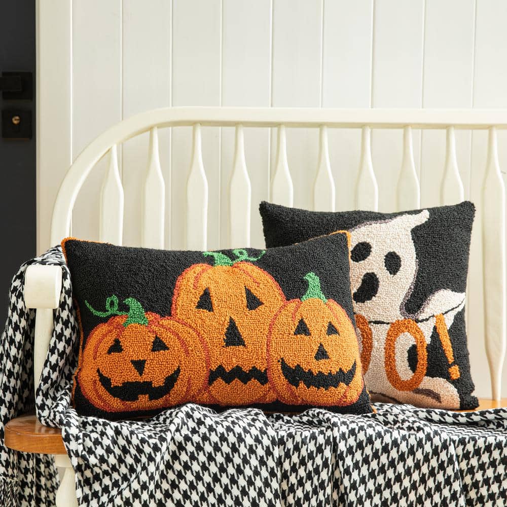 Handmade Black Halloween Pumpkins Rectangular Throw Pillow