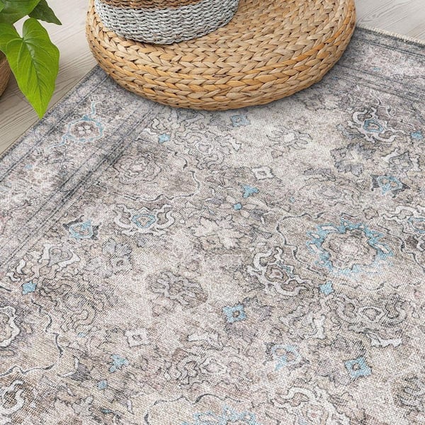 Transitional Distressed Vintage Machine Washable Olive 2 ft. 6 in. x 7 ft. Runner Rug