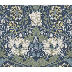 31.35 sq. ft. Indigo Dye and Sage Ogee Flora Vinyl Peel and Stick Wallpaper Roll