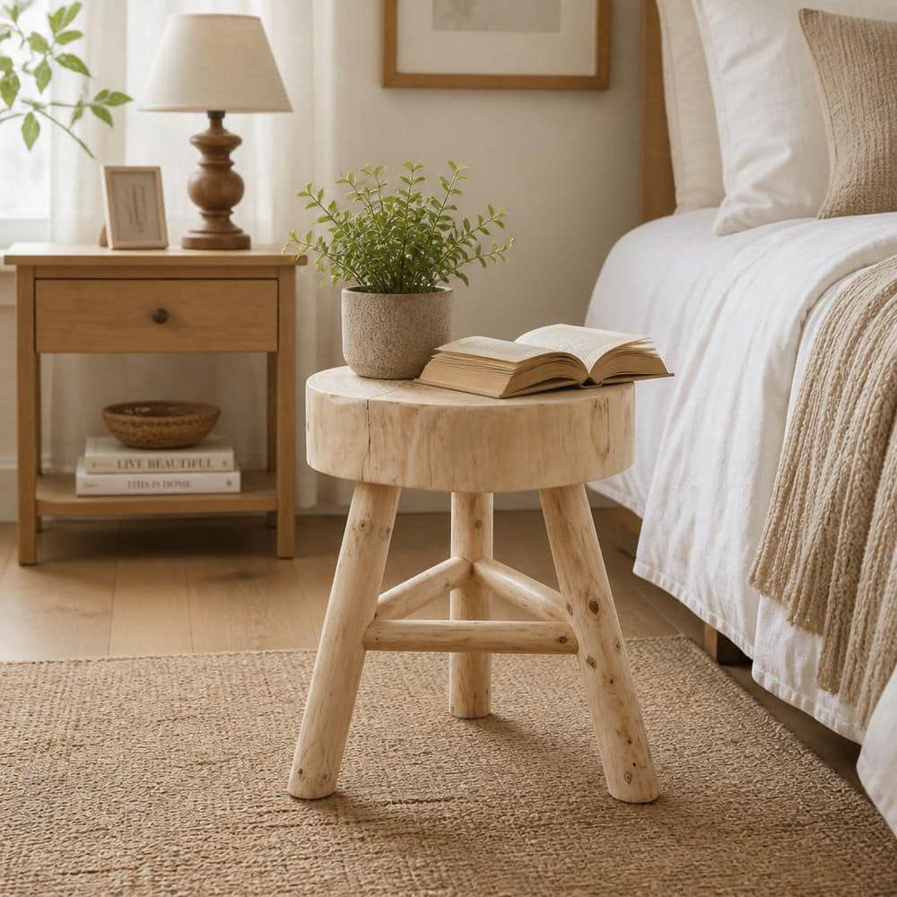 Pattern Edge Timber Liv & Skye Ivory/Tan 16 in. Solid Wood Round Live-Edge Accent Stool ...