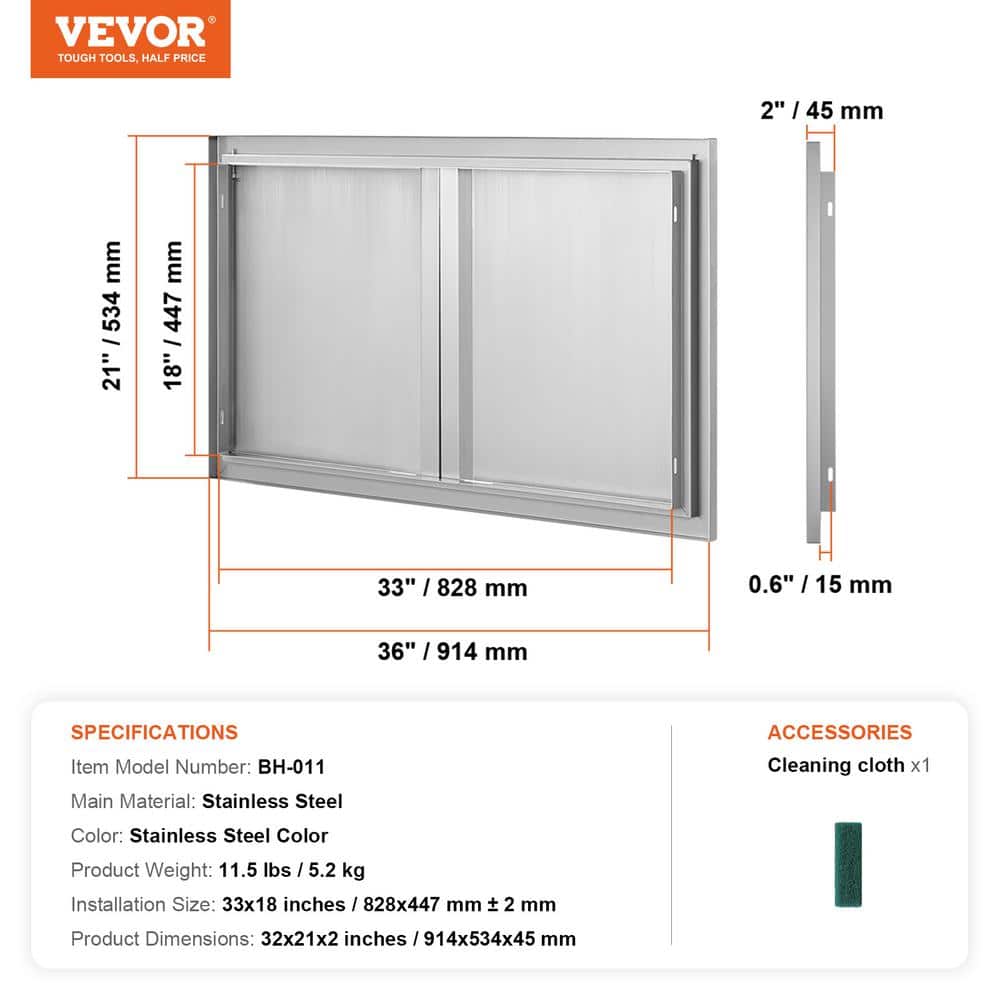 Stainless Steel Double Outdoor Kitchen Access Door 36x21 Inch