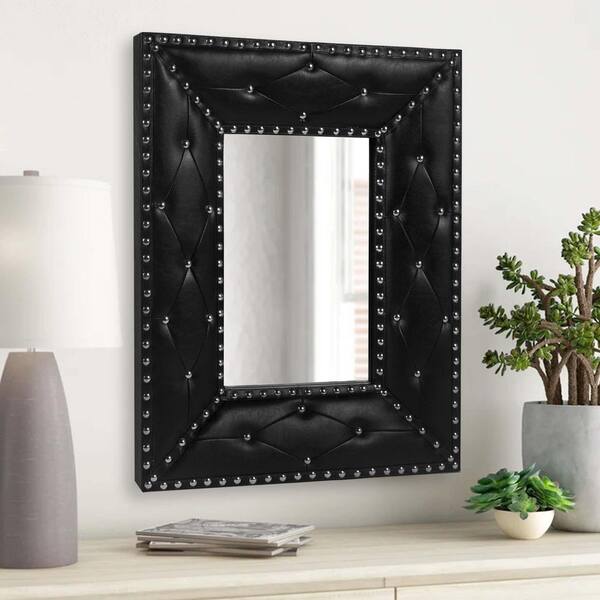 26 in. H x 21 in. W Modern Rectangle Faux Leather Covered MDF Framed Black Rivet Decoration Mirror