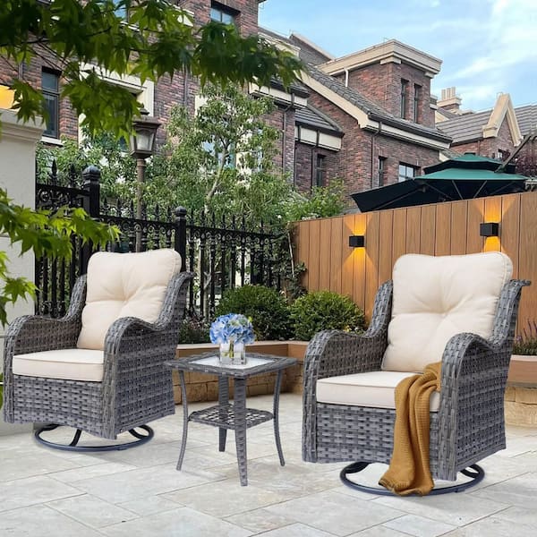 Xingzjojor Gray 3-Piece Wicker Outdoor Patio Swivel Rocking Chair Set with Beige Cushions and Side Table