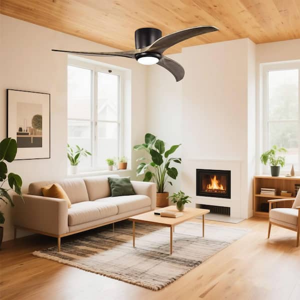 Niveu 52 in. Matte Black Dark Walnut Flush Mount Standard Ceiling Fan with Integrated LED with Remote Included DC Motor