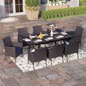 Black 9-Piece Metal Patio Outdoor Dining Set with Slat Extendable Table and Rattan Chairs with Blue Cushion