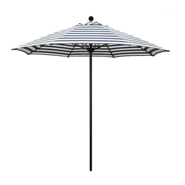 California Umbrella 9 ft. Black Aluminum Commercial Market Patio Umbrella with Fiberglass Ribs Push Lift in Navy White Cabana Stripe Olefin