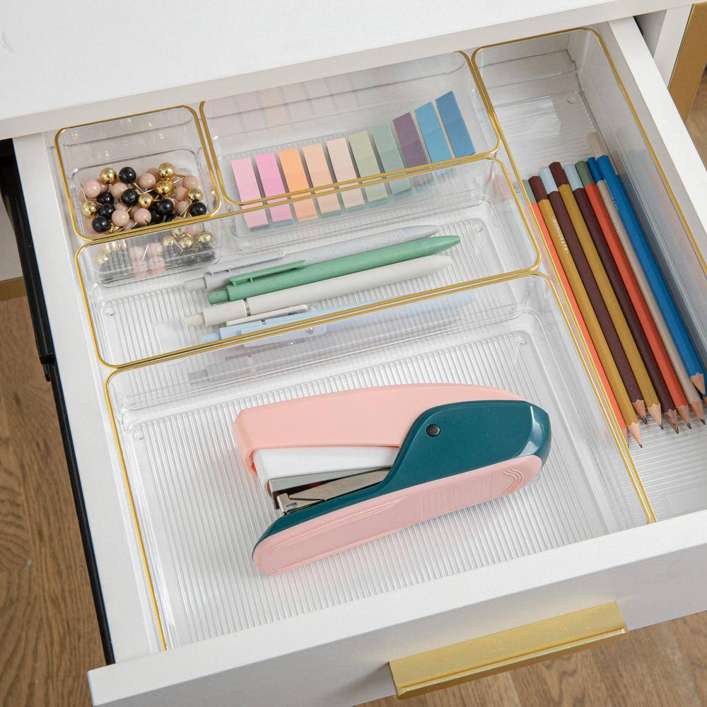 Clear Plastic Stackable Office Desk Drawer Organizers with Gold Trim, Set of 6