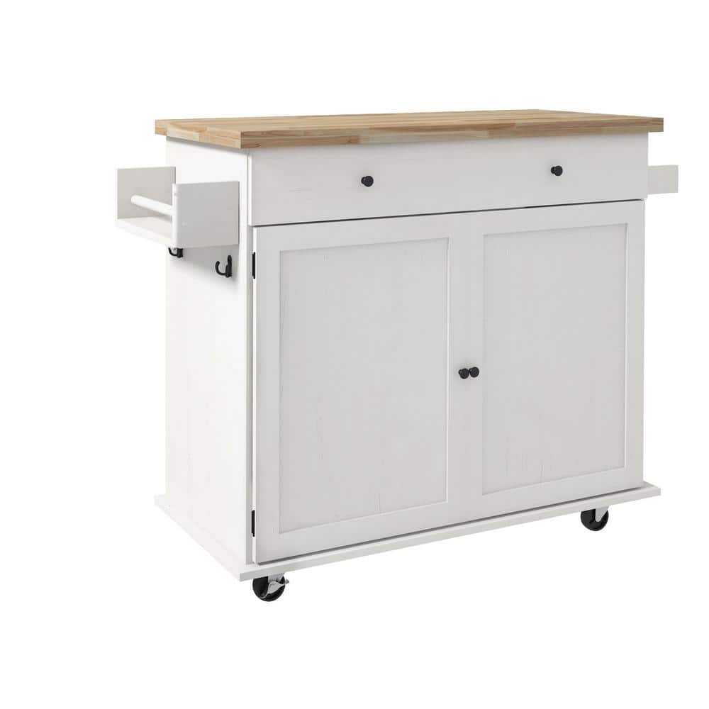 White Wood 45.5 in. Kitchen Island with Drawer, 2 Cabinets, Rubberwood Top,