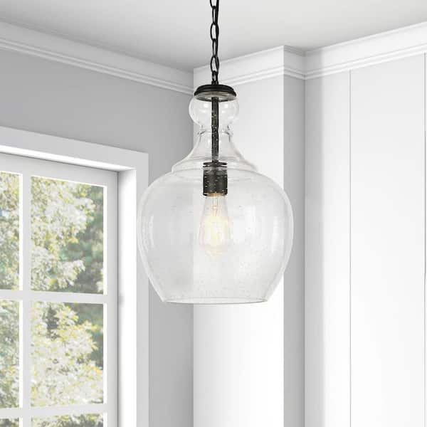 Verona 1-Light Blackened Bronze Pendant with Seeded Glass Shade