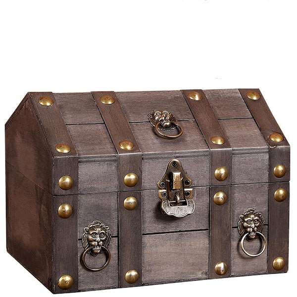 Vintage Grey Wooden Jewelry Chest with Lock-Handmade Antique